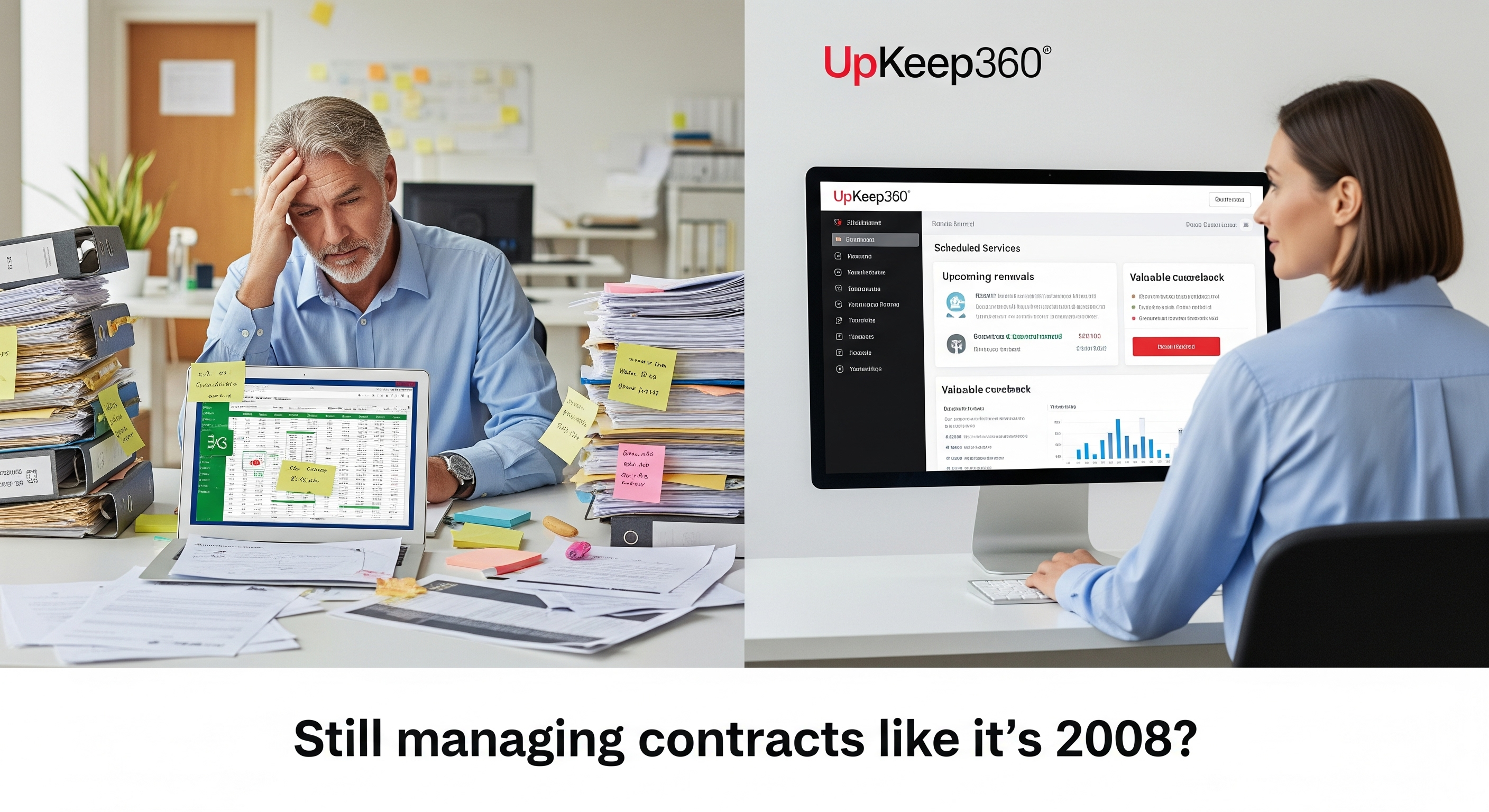 UpKeep360 platform interface showing contract management dashboard with analytics and service tracking features